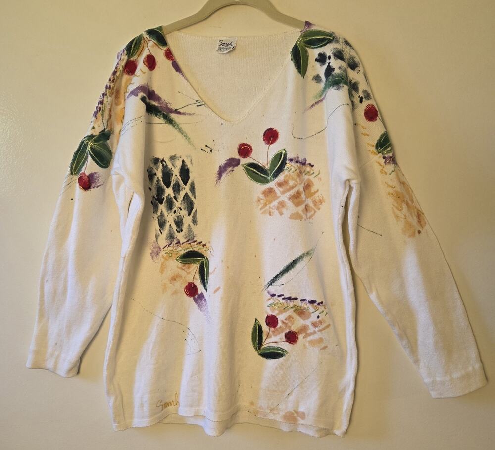 Vtg Sarah Handpainted Originals V Neck Sweater XL Cotton Tropical Fruit Art Wear